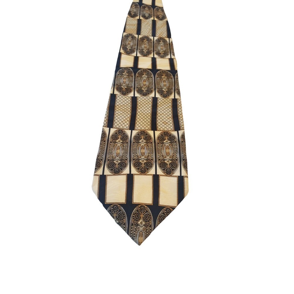 Bella Uomo 100% Silk Necktie Blue Ivory Gold Geometric Tie Handmade STUNNING!!